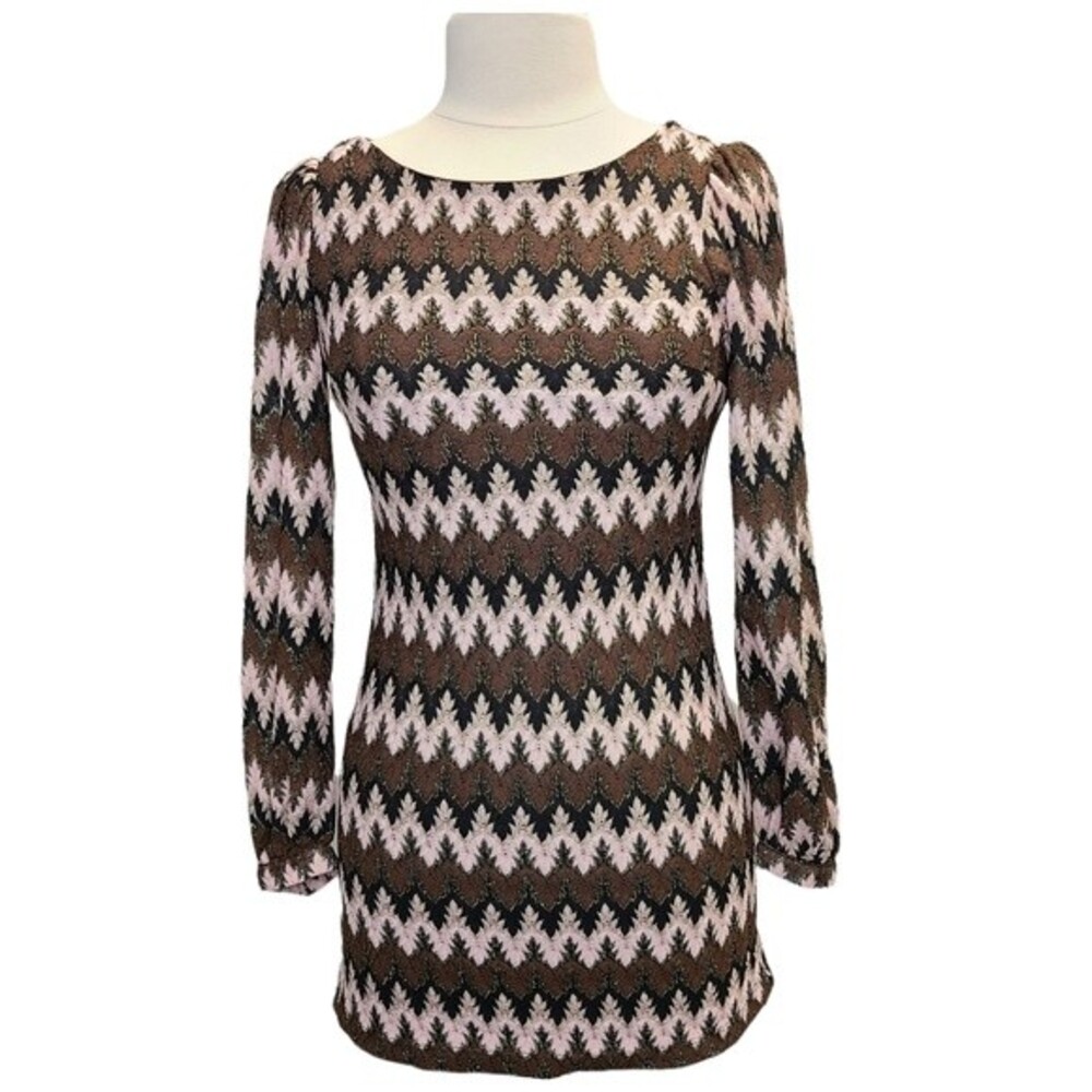 XOXO Boho Retro Lantern Long Sleeve Brown Pink Stitched Mini Dress S